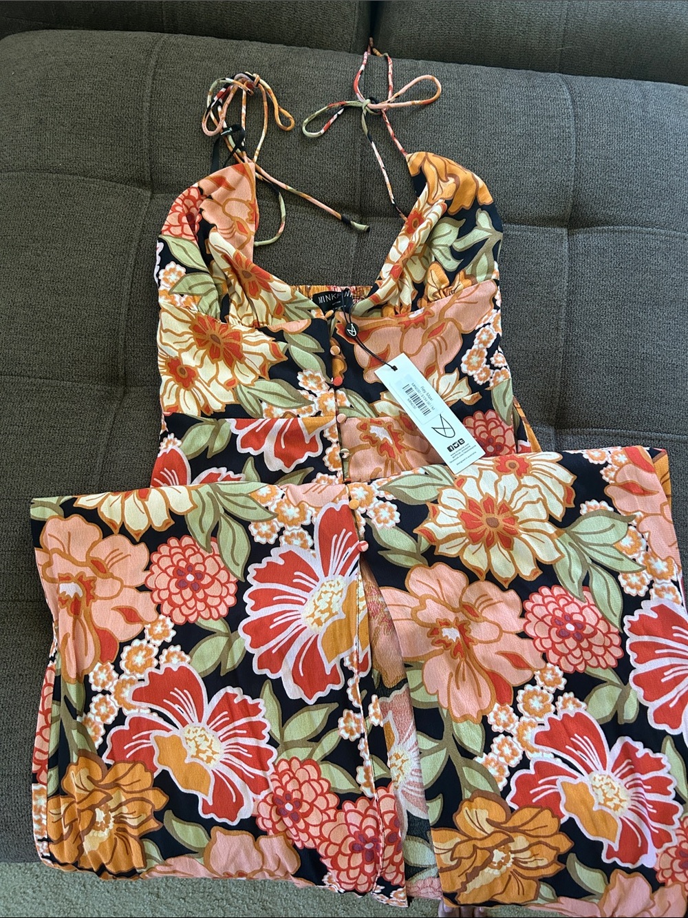 Floral Tie-Shoulder One-Piece Swimsuit in Black with Coral & Peach Flowers